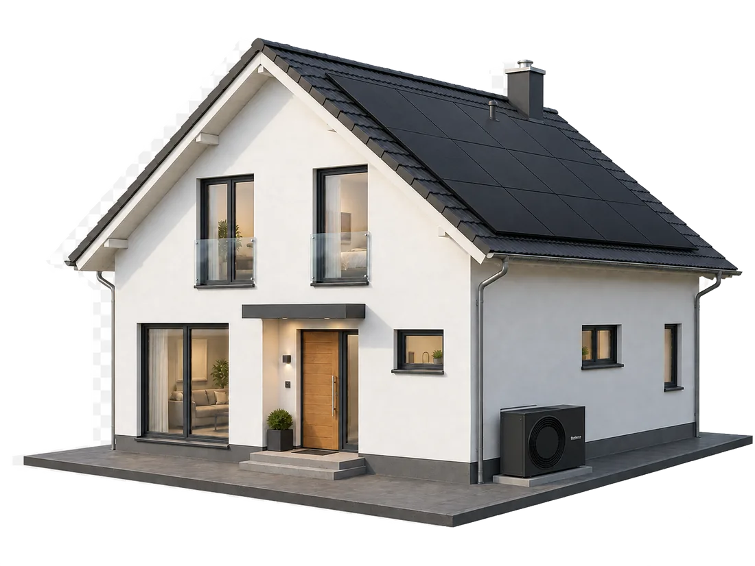 3D-Ansicht eines Einfamilienhauses mit der gewählten Energietechnik