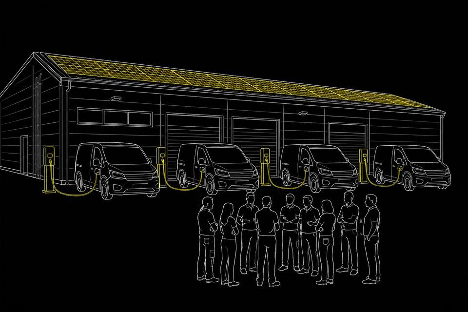 Symbolbild: vier Elektrotransporter an Ladesäulen vor der Halle, davor das gewachsene Team
